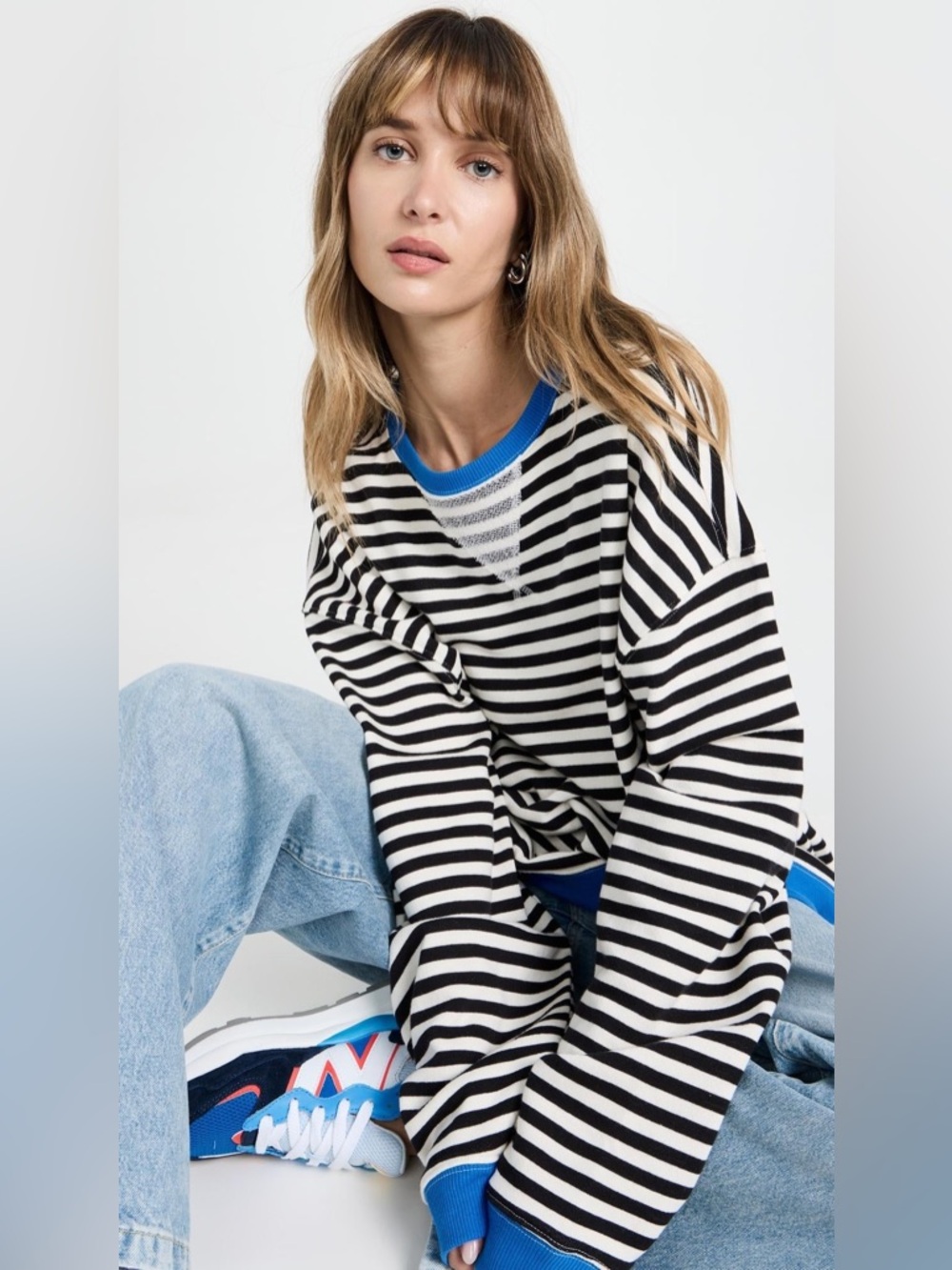 Free People Black and White Striped Crewneck Sweater with Blue Trim - Picture 3 of 7